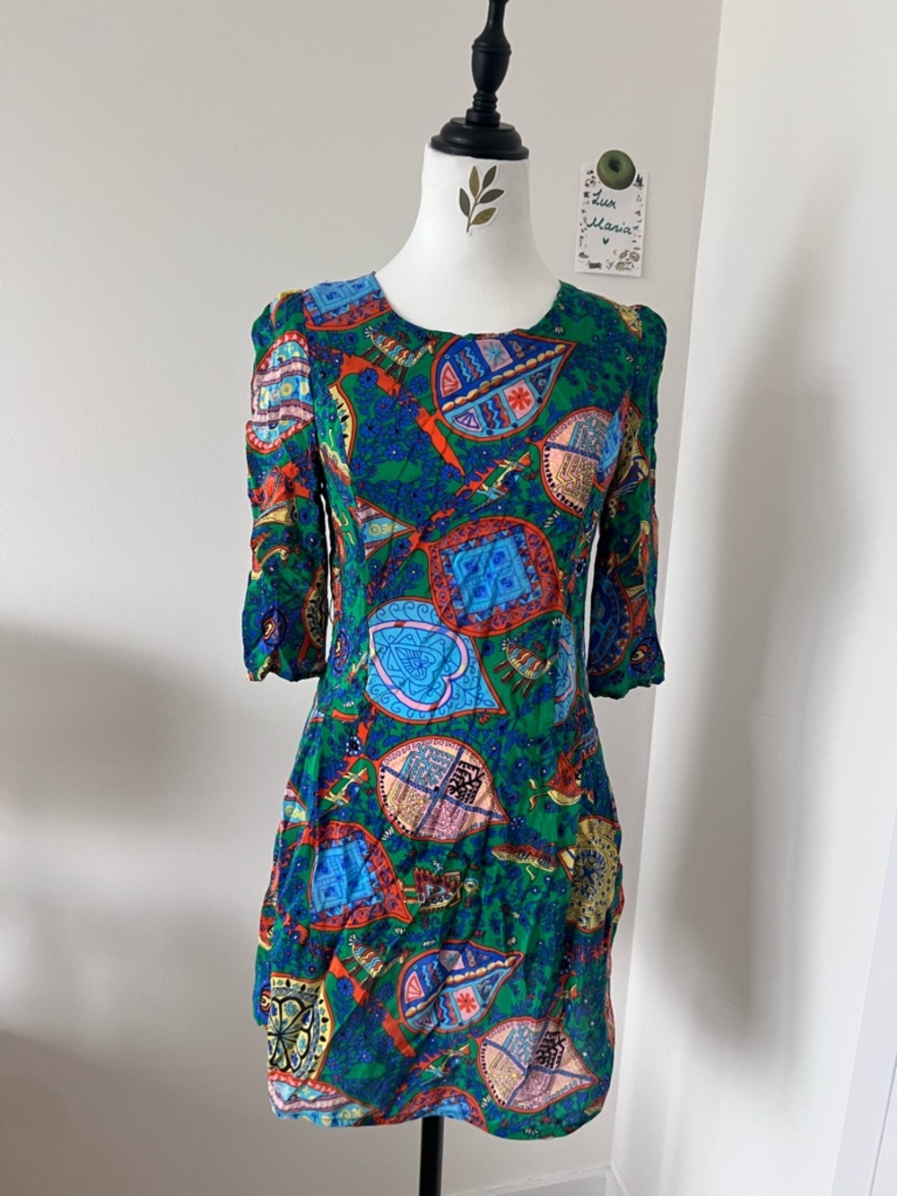 Vintage Blue Green Vibrant Multicolor Geometric Silk Mini Dress Size XS READ